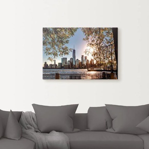 Wandbild ARTLAND Sonnenaufgang über New York Bilder Gr. B/H: 120 cm x 80 cm, Leinwandbild Amerika, 1 St., blau Kunstdrucke