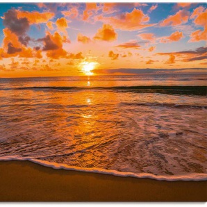 Wandbild ARTLAND Sonnenuntergang am Strand Bilder Gr. B/H: 120 cm x 90 cm, Leinwandbild Sonnenaufgang & -untergang Querformat, 1 St., orange Kunstdrucke