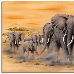 Wandbild ARTLAND Steppenelefanten Bilder Gr. B/H: 120 cm x 90 cm, Leinwandbild Elefanten Bilder Querformat, 1 St., orange Kunstdrucke