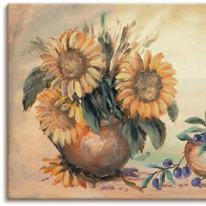 Wandbild ARTLAND Stillleben mit Sonnenblumen Bilder Gr. B/H: 100 cm x 50 cm, Leinwandbild Vasen & Töpfe Querformat, 1 St., braun Kunstdrucke