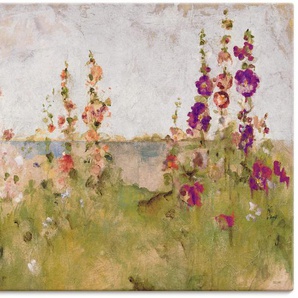 Wandbild ARTLAND Stockrosen am Meer Bilder Gr. B/H: 120 cm x 90 cm, Leinwandbild Blumen Querformat, 1 St., grün Kunstdrucke