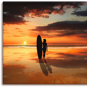 Wandbild ARTLAND Surfen in Kalifornien mit Bulli T1 Bilder Gr. B/H: 150 cm x 75 cm, Leinwandbild Küste, 1 St., orange Bild Kunstdruck Metallbild Metallbilder Bilder als Alubild, Leinwandbild, Wandaufkleber oder Poster in versch. Größen
