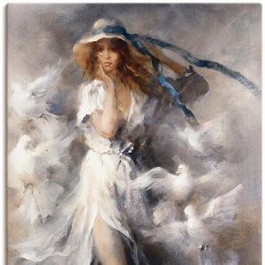 Wandbild ARTLAND Tauben Bilder Gr. B/H: 90 cm x 120 cm, Leinwandbild Frau Hochformat, 1 St., grau Kunstdrucke als Leinwandbild, Wandaufkleber oder Poster in versch. Größen