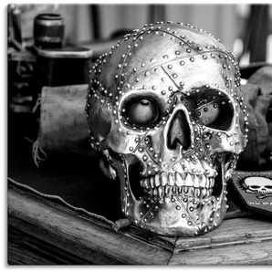 Wandbild ARTLAND Totenkopf Bilder Gr. B/H: 120 cm x 80 cm, Leinwandbild klassische Fantasie Querformat, 1 St., silberfarben Bild Poster Bilder als Leinwandbild, Wandaufkleber oder in versch. Größen