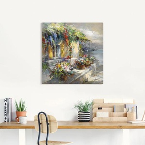 Wandbild ARTLAND Veranda am See Bilder Gr. B/H: 100 cm x 100 cm, Leinwandbild Garten quadratisch, 1 St., grau Kunstdrucke als Leinwandbild, Wandaufkleber oder Poster in versch. Größen