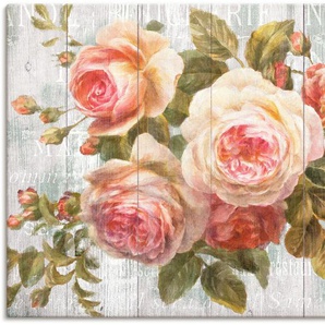 Wandbild ARTLAND Vintage Rosen auf Holz Bilder Gr. B/H: 120 cm x 90 cm, Leinwandbild Blumen Querformat, 1 St., pink Kunstdrucke