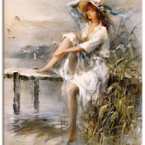 Wandbild ARTLAND Wasserseite Bilder Gr. B/H: 90 cm x 120 cm, Leinwandbild Frau Hochformat, 1 St., beige (naturfarben) Kunstdrucke