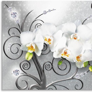 Wandbild ARTLAND weiße Orchideen auf Ornamenten Bilder Gr. B/H: 150 cm x 75 cm, Alu-Dibond-Druck Blumenbilder Querformat, 1 St., grau Kunstdrucke