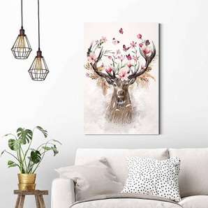Wandbild Hirsch in Blumen Papier auf MDF Mitteldichte Holzfaserplatte Pink 60 x 90 x 2cm