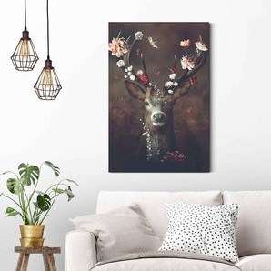 Wandbild Hirsch Romantisch Print auf Holz Braun 60 x 90 x 2cm