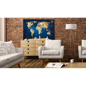 Wandbild World Map: The Dark Blue Depths Leinen Blau 120 x 80cm