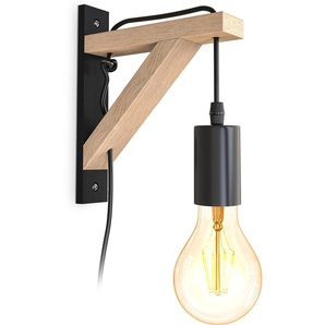 Wandleuchte B.K.LICHT BKL1352 Holz-Wandlampe innen, Schwarz, Metall, Landhausstil Lampen Gr. 1 flammig, Höhe: 22,80 cm, schwarz Wandleuchten 1-flammig mit Schalter, E27-Fasssung, ohne Leuchtmittel