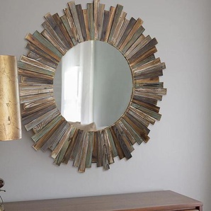 Wandspiegel 90 cm Rund Holz Deko Spiegel shabby Braun Flurspiegel Hängespiegel Holzrahmen Kosmetik Holzrahmen Massivholz Barock Antik