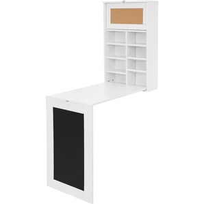 Wandtisch klappbar, Weiß, Wandklapptisch mit Tafel, 8 Fächern und Pinnwand, Schreibtisch zum ausklappen, Klapptisch Wandmontage, Klappschreibtisch