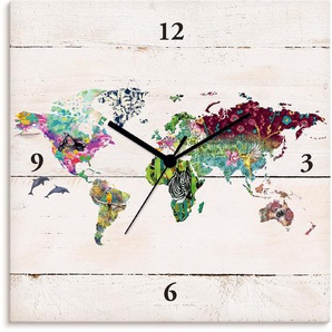 Wanduhr ARTLAND Bunte Welt auf hölzernem Untergrund Wanduhren Gr. B/H/T: 30 cm x 30 cm x 1,7 cm, Funkuhr, bunt Wanduhren wahlweise mit Quarz- oder Funhuhrwerk, lautlos ohne Tickgeräusche