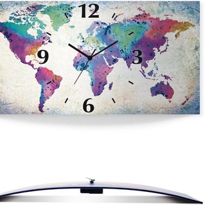 Wanduhr ARTLAND bunte Weltkarte Wanduhren Gr. B/H/T: 50 cm x 25 cm x 0,3 cm, Funkuhr, bunt Wanduhren 3D Optik gebogen, mit Quarz- oder Funkuhrwerk, versch. Größen