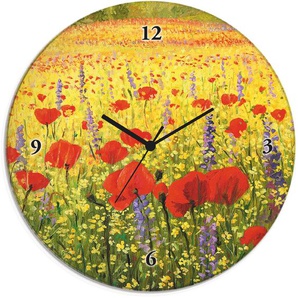 Wanduhr ARTLAND Glasuhr rund Mohnblumenfeld Wanduhren Gr. B/H/T: 30 cm x 30 cm x 1,8 cm, Funkuhr, bunt Wanduhren wahlweise mit Quarz- oder Funhuhrwerk, lautlos ohne Tickgeräusche