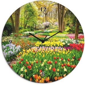 Wanduhr ARTLAND Glasuhr rund Tulpen Garten Frühling Wanduhren Gr. B/H/T: 30 cm x 30 cm x 1,8 cm, Funkuhr, bunt Wanduhren wahlweise mit Quarz- oder Funhuhrwerk, lautlos ohne Tickgeräusche
