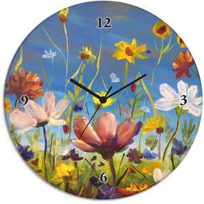 Wanduhr ARTLAND Glasuhr rund Wildblumenwiese Wanduhren Gr. B/H/T: 30 cm x 30 cm x 1,8 cm, Funkuhr, bunt Wanduhren wahlweise mit Quarz- oder Funhuhrwerk, lautlos ohne Tickgeräusche