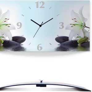 Wanduhr ARTLAND Nadonna Lilien und Spa Steine im Wasser Wanduhren Gr. B/H/T: 60 cm x 30 cm x 0,3 cm, Quarzuhr, weiß Wanduhren 3D Optik gebogen, mit Quarz- oder Funkuhrwerk, versch. Größen