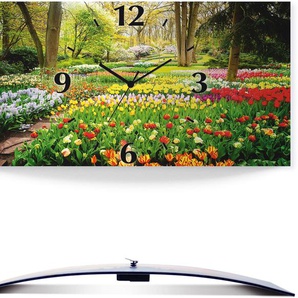 Wanduhr ARTLAND Tulpen Garten Frühling Wanduhren Gr. B/H/T: 50 cm x 25 cm x 0,3 cm, Funkuhr, bunt Wanduhren 3D Optik gebogen, mit Quarz- oder Funkuhrwerk, versch. Größen