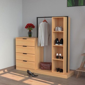 WAOHO Kommode mit 4 Schubladen und 4 offenen Regalen Kleiderstange aus Metall Eingang SchrankBeistellschränkchenKleiderschrankSchubladenschrank