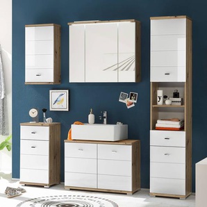 Waschbeckenunterschrank 80cm Braun/Weiß/Hochglanz Weiß/Eiche Dekor