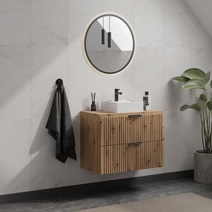 Waschbeckenunterschrank hängend mit Aufsatzplatte - Streifenoptik - Holzfarben hell - 80 cm - ZEVARA