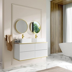 Waschbeckenunterschrank hängend - Streifenoptik - Goldfarbene Umrandung - Weiß - 120 cm - KELIZA