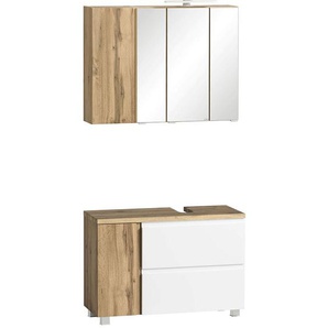 Waschbeckenunterschrank, rechts, mit Spiegelschrank, 85cm, led Beleuchtung, VASTO-03-WHITE, Wotan Eiche Nb. mit weiß matt, b/h/t ca. 85/200/35 cm