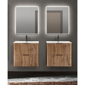 Waschplatz Set Rillenfronten mit 2 Waschtischen je 61 cm, 2 led Spiegel XANTEN-56 in anthrazit mit Eiche Nb., b/h/t: ca. 140/200/46 cm