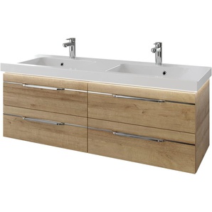 Waschtisch PELIPAL Balto Waschtische Gr. Griffe Chrom Glanz, braun (riviera eiche quer nachbildung, riviera nachbildung) Waschtische 147,8 cm mit Mineralmarmor-Waschtisch und 4 Auszügen