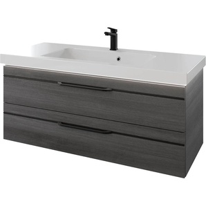 Waschtisch PELIPAL Balto Waschtische Gr. Griffe Schwarz, grau (graphit struktur quer nachbildung, graphit nachbildung) Waschtische 123 cm mit Mineralmarmor-Waschtisch und 2 Auszügen