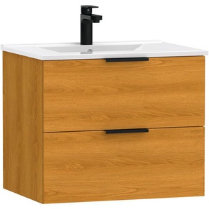 Waschtisch WELLTIME Athen Badezimmerschrank mit Softclose Funktion WC Bad Waschtische Gr. eckig, braun (eichefarben, eichefarben) Waschtische