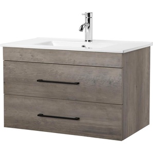 Waschtisch WELLTIME Florenz Badmöbel Badschrank mit Waschbecken Waschtische grau (eiche, grau, wood grain) Waschtische Waschplatz mit 2 Auszügen und Softclose Breite 80cm