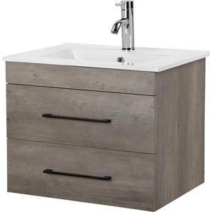 Waschtisch WELLTIME Florenz Badschrank Badmöbel inkl. Waschbecken, grau (eiche grau, grau wood grain), B:61cm H:50cm T:46cm, MDF, Waschtische, Waschplatz mit 2 Auszügen und Softclose Breite 60cm