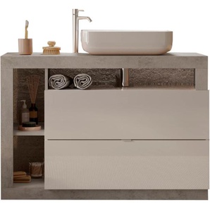 Waschtisch WELLTIME Hamburg, weiß (weiß, beton, optik, weiß), B:110cm H:93cm T:49cm, Waschtische, 2 Schubkästen, Breite 110 cm, Soft-Close, inkl. Keramik-Aufsatzbecken