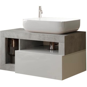 Waschtisch WELLTIME Hamburg, weiß (weiß, beton, optik, weiß), B:79cm H:61cm T:49cm, Waschtische, 1 Schubkasten, Breite 79 cm, Soft-Close, inkl. Keramik-Aufsatzbecken