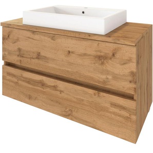 Waschtisch WELLTIME Livorno, braun (wotaneiche, wotaneiche), H:63cm T:48cm, Spanplatte, MDF, Metall, Waschtische, mit 2 Schubladen, Keramik, Topseller