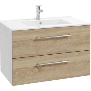 Waschtisch WELLTIME Palermo, braun (eichefarben, weiß), B:80cm T:46cm, Spanplatte, Waschtische, Badmöbel inkl. Waschbecken, Breite 80 cm