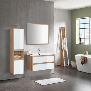 Waschtisch WELLTIME Torun Badezimmerschrank Unterschrank mit Glasfronten und Softclose Waschtische weiß (weiß, eiche, natur) Waschtische