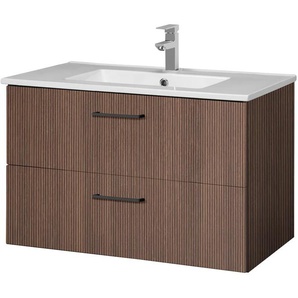 Waschtisch WELLTIME Trento Badezimmerschrank mit Becken Bestseller, braun (cannello, eiche, cannello, eiche), B:80cm H:51,5cm T:47,5cm, Waschtische, Badmöbel in Breite 80 cm , Waschplatz mit 2 Schubladen, Badschrank