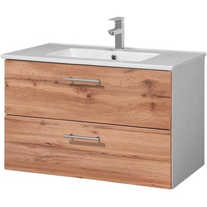 Waschtisch WELLTIME Trento Badezimmerschrank mit Becken Bestseller, weiß, wotaneiche, weiß, B:80cm H:51,5cm T:47,5cm, Waschtische, Badmöbel in Breite 80 cm , Waschplatz mit 2 Schubladen, Badschrank
