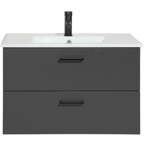 Waschtisch WELLTIME Trento Badezimmerschrank mit Becken Bestseller, grau (wotaneiche, anthrazit, wotaneiche), B:80cm H:51,5cm T:47,5cm, Waschtische, Badmöbel in Breite 80 cm , Waschplatz mit 2 Schubladen, Badschrank