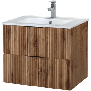 Waschtisch WELLTIME Trento in verschiedenen Ausführungen inkl. Waschbecken, wotaneiche m. rillenfront, wotaneiche, B:60cm H:52cm T:46cm, Waschtische, Badmöbel in Breite 60 cm, Badschrank Waschplatz mit 2 Schubladen
