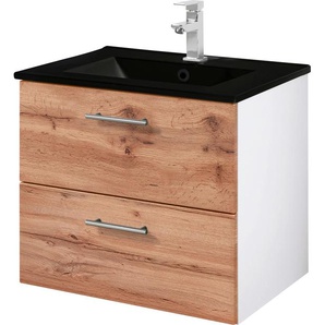 Waschtisch WELLTIME Trento in verschiedenen Ausführungen inkl. Waschbecken, braun (wotaneiche, weiß), B:60cm H:52cm T:46cm, Waschtische, Badmöbel in Breite 60 cm, Badschrank Waschplatz mit 2 Schubladen