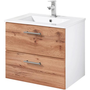 Waschtisch WELLTIME Trento in verschiedenen Ausführungen inkl. Waschbecken, weiß, wotaneiche, weiß, B:60cm H:52cm T:46cm, Waschtische, Badmöbel in Breite 60 cm, Badschrank Waschplatz mit 2 Schubladen