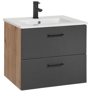 Waschtisch WELLTIME Trento in verschiedenen Ausführungen inkl. Waschbecken, grau (wotaneiche, anthrazit, wotaneiche), B:60cm H:52cm T:46cm, Waschtische, Badmöbel in Breite 60 cm, Badschrank Waschplatz mit 2 Schubladen