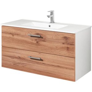 Waschtisch WELLTIME Trento in verschiedenen Ausführungen Unterschrank inkl. Waschbecken, weiß, wotaneiche, weiß, B:100cm H:52cm T:45cm, Waschtische, Badmöbel in Breite 100 cm, Waschplatz mit 2 Schubladen, Badschrank