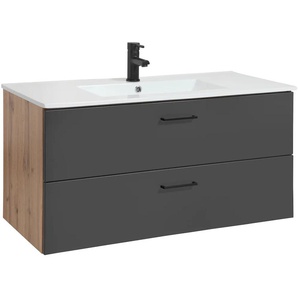 Waschtisch WELLTIME Trento in verschiedenen Ausführungen Unterschrank inkl. Waschbecken, grau (wotaneiche, anthrazit, wotaneiche), B:100cm H:52cm T:45cm, Waschtische, Badmöbel in Breite 100 cm, Waschplatz mit 2 Schubladen, Badschrank